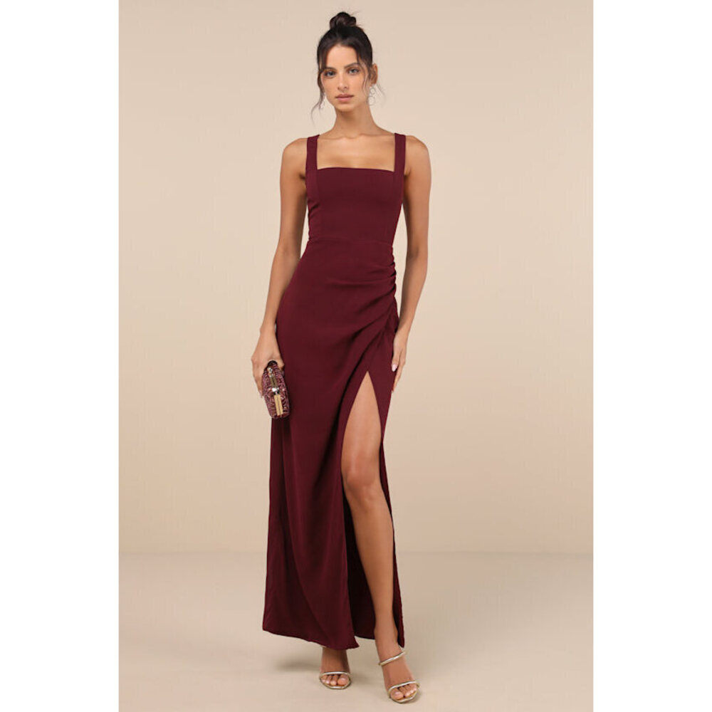 Lulus Glamorous Disposition Burgundy Ruched Maxi Dress Red - Size S - Picture 1 of 1